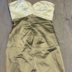 BEBE Rory Satin Strapless Colorblock Bandage Sexy Bodycon Mini Dress Size S
